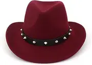 [Hcclijo] Unisex Men Women Wool Panama Hats Western Cowboy Caps Roll Brim Sombrero Wool Felt Fedora Trilby Leather Decorated
