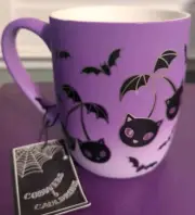 Cobwebs & Cauldrons- Halloween Purple Soft Touch Coffee Mug -Bats & Cats - NWT!