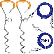 Silkfly 2 Sets Dog Tie Out Cable and Stake 2 Pcs Outside Dog Leash Cable Chain for Medium to Large Dogs up to 125 Lbs 2 Pcs 18'' Heavy Duty Spiral Stake for Yard Running Camp (16 ft, Blue)