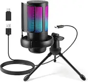 USB Microphone Gaming Mic with RGB Light, Condenser PC Podcast Microphone with Volume Control, Mute Button, Tripod Stand 3.5mm Headphone Jack Compatible with Windows, Mac OS, Smartphones (Black)