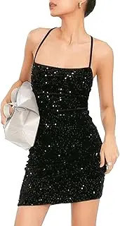 [Generic] Mini Dresses for Women Sexy Sleeveless Ruched Bodycon Dress Spaghetti Straps Floral Glitter Party Dress