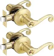 Bonpoly 2 Pack Satin Brass Door Handle, Keyed Alike Entry Door Handle with Lock and Key, Wave Style Door Handles for Bedroom or Living Room, Right Handing