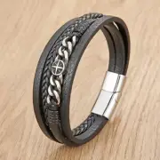 Men's Leather Braided Bracelet Compass Chain Titanium Steel Clasp Magnetic