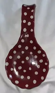 New Pioneer Woman Ceramic Spoon Rest In Retro Burgundy, White Dots