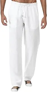 [Generic] Mens Cotton Linen Pants Baggy Elastic Waist Casual Yoga Pants Drawstring Lightweight Straight Leg Loose Fit Trousers
