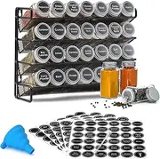 Spice Rack with 28 Spice Jars, Spice Rack Organizer for Cabinet, Spice Jars with Labels, 386 Spice Labels, 4 Tier Seasoning Organizer for Countertop, Cabinet, Kitchen, Pantry, Cupboard