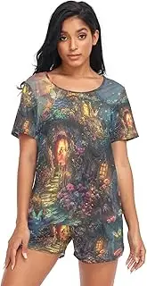 [RPLIFE] Vibrant Fairy House Shorts Pajamas Set for Women, Matching Lounge Set Women, Vibrant Fairy House, Large