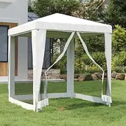 White Party Tent 2x2 m with 4 Mesh Sidewalls, Heavy-Duty Iron Frame, UV & Water Resistant PE Roof, Zipped Entrance