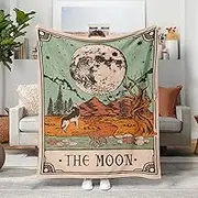 YEXIT Retro The Moon Tarot Card Throw Blanket, Boho Vintage Witch Divination Wolf Cozy Decor Nap Blankets Gift Sofa Bed Couch Chair or Dorm Throws 60×80 inches