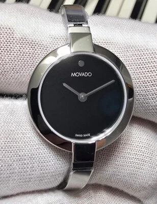 NEW! MOVADO Ladies Quartz Watch Polished Stainless Case & Bangle w/Black Dial