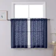 Navy Blue Sheer Kitchen Curtains 36 Inch Length, Light Filtering Leaf Tufted