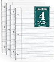 8.5 x 11 Wide Ruled Paper, Loose Leaf Paper, 3 Hole Punch Paper 8.5 x 11 White Loose Leaf Notebook Paper for 3 Ring Binders, Notebook Paper,Filler Paper,Lined Paper, 400 Sheets Writing Paper (4 Pack)