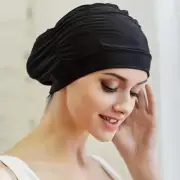 NEW Unisex Pleated Ruche Fabric Swimming Cap Long Hair Ear Protection Size S