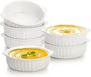6 Pack Large Porcelain Ramekins, 14 Oz Ceramic Creme Brulee Souffle Baking Dishes with Handle, 5 Inch French Onion Soup Bowls for Ramen, Stew, Lava Cakes, Pot Pie, Oven Safe, White