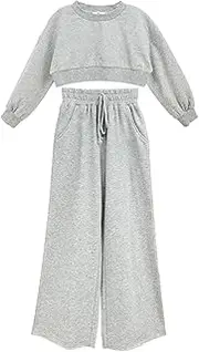 [TBUIALL] Children Kid Toddler Girls Long Sleeve Solid Sweatshirt Pullover Blouse Tops Wide Legged Pants Trousers, Grey, 5-6 Years, Grey, 5-6X