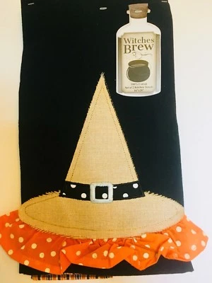 2 HALLOWEEN BURLAP RUFFLED WITCH HAT KITCHEN TOWELS POLKA DOTS ORANGE BLACK