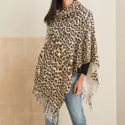 New Chico's Poncho Womens Mob Wife Animal Print Cowl Neck Soft Knit One Size