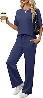 [ANRABESS] Women's Lounge Sets 2 Piece Outfits Summer Casual Short Sleeve Sweatsuits Matching Tracksuits Wide Leg Pant Set