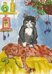 ACEO FOLK ART PRINT OF PAINTING RYTA BENGAL TUXEDO CAT WHIMSICAL SPA Massage