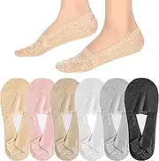 [Yuanchu] 6 Pairs Women No Show Lace Boat Socks, Cotton Invisible Non-slip Ankle Socks Multicolor Ultra Low Cut Liner Socks, Black, White, Dark Skin, Grey, Pink, Skin, One size