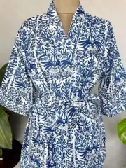 Handmade White Floral Printed Indian Cotton Kimono Robe Women Dressing Kimono AU