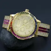 Genuine Diamond Dial Rainbow Multi Tone 18K Gold Finish Solid Steel Bezel Watch