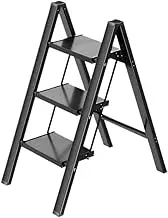 3 Step Portable Ladder Aluminum Lightweight Folding Step Stool Wide Anti-Slip Pedal 150kg Load Household Office(Black)