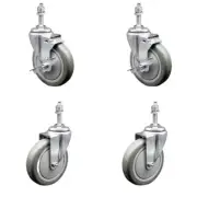 5 Inch SS Gray Polyurethane Swivel 3/8 Inch Threaded Stem Caster Set 2 Brake SCC