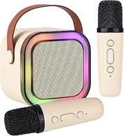 Hopjuery Karaoke Machine for Kids Adults, Mini Portable Bluetooth Karaoke Speaker with 2 Wireless Microphone and Lights,Toys for All Smartphones,Birthday, Family,Home Party Beige