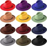 [Yahenda] 12 Pcs Classic Wide Brim Fedora Hat for Women Bulk Adjustable Felt Panama Hat with Belt Buckle Vintage Wool Wide Brim Hat
