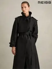 Reiss Black August Petite Gabardine Trench Coat with Cotton (AD6383) | $610