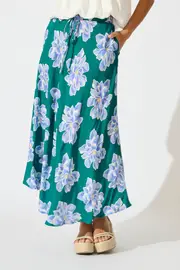 Farrell Maxi Skirt in Green Emerald With Blue Floral 8