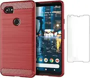 Asuwish Phone Case for Google Pixel 2XL with Tempered Glass Screen Protector Cover and Slim Thin Soft TPU Mobile Cell Accessories Protective Pixle 2 XL Pixel2XL Pixel2 LX Women Men Carbon Fiber Red