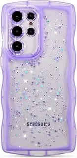 [ZTOFERA] for Samsung Galaxy S21 Ultra 5G Case 6.8",Cute Curly Wave Case with Star Glitter,Clear Shiny Bling Soft TPU Shockproof Phone Protecive Case for Women Girls-Purple