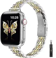 Slim Metal Band compatible with Apple Watch Band 42mm (Series 10) 41mm 40mm 38mm, stylish stainless steel chain strap for women iWatch bands Series 9 8 7 6 5 4 3 2 1 SE, available in Silver/Gold.