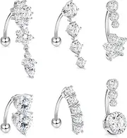 [LOLIAS] 6 Pcs 14G Dangle Belly Button Rings for Women 316L Surgical Steel Clear CZ Barbell Piercing Dangle Reverse Curved Navel Barbell Body Jewelry