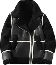 [Qolkmuiy-GJ] Men's Vintage Lamb Wool Bomber Coat Faux PU Sherpa Fleece Lined Jackets Heavyweight Lapel Suede Trench Coat