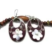 Abalone Shell Inlay Oval Earrings Wine Coloured Silver Mexican Women's Jewellery