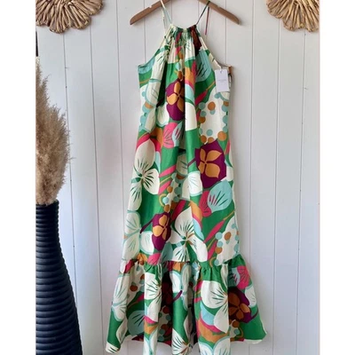 Ted Baker maxi dress 8 linen blend halter a-line floral tropical tiered
