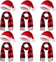 [Cuffbow] Santa Hat and Plaid Winter Scarf Set Red Black Plaid Warm Scarf Unisex Christmas Hat for Christmas Winter Party Gift
