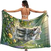 [RPLIFE] Cute Wolf Floral Grass Green Swim Sarong, Summer Long Plus Size Sarong, Large, Cute Wolf Floral Grass Green, Medium