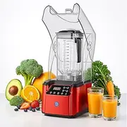 2200W Quiet Commercial Blender with Soundproof Shield – 2.2L Countertop Smoothie Maker with Smart Touch Screen – High Speed Food Blender for Ice, Juices, Shakes, Restaurants, Home Use,Red