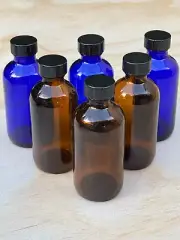 6 Cobalt Blue & Amber Glass Bottles Pharmaceutical Apothecary 4.5" Tall 7/8" Top