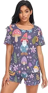 [RPLIFE] Cute Gnome Purple Womens Sleepwear Shorts Set, Short Sleeve Matching Set, Cute Gnome Purple, Medium