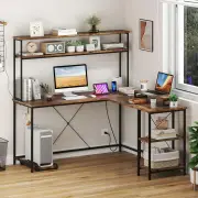 CostwayL-Shaped Gaming Desk with LED Strip and Power Outlets-Rustic Brown