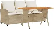 vidaxl - Garden Sofa 3-Seater with Cushions & Acacia Wood Table - Beige Poly Rattan Outdoor Seating Set, UV-Resistant, Water-Resistant, Easy-to-Clean, Removable Covers