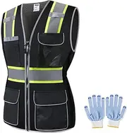 JKWEARSA Women Safety Vest, Multi Pockets High Visibility Reflective Breathable Mesh Work Vest For Lady, Durable Zipper, Black+yellow, Medium