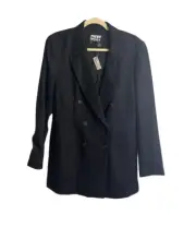New Vintage DKNY 100% Wool Double Breasted Overcoat Black Pinstripe Size 8