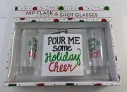 Holiday Flask POOR ME SOME HOLIDAY CHEER Shot Glasses Christmas of 3 Set