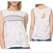 Desigual Women's M Ken Embroidered Sleeveless Top Open Back Elephant Sequin Lace